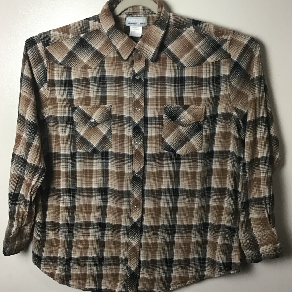 Wrangler Wrancher Shirt brown plaid pearl snap cowboy western shirt. XXL